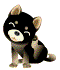 Four pixelated cartoon dog poses on gray background, each with black body and light brown accents.