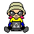 Pixel art buddy icon of a character with sunglasses, pink earrings, and yellow shirt holding a laptop with recycling symbol across two animation frames.