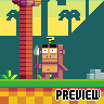 Pixel art character with question mark headpiece holding spear, standing on green platform near striped column and palm trees.
