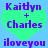 Two identical pixelated heart-shaped icons with green fill and blue background, each displaying purple text reading 'Kaitlyn + Charles' above 'iloveyou'.