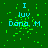 Green background with cyan text 'I luv Dora .M' and scattered green pixel particles, animated in a repeating pattern.