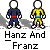 A 3x2 contact sheet of six pixel art frames showing two stick-figure characters named Hanz and Franz in various poses with visible text labels beneath each frame.