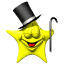 Yellow star-shaped character with black top hat and cane, closed eyes in first frame, open eyes in second frame.