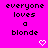 Bright pink background with black pixelated text reading 'everyone loves a blonde' and two white heart symbols at the bottom.