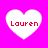 Four white heart shapes on a bright pink background, each containing the red text 'Lauren' in pixelated font.