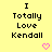 Yellow background with repeated black text "I Totally Love Kendall" and pink pixelated hearts below each text block.