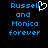 Blue pixelated text on black background reads "Russell and Monica forever" with a white heart symbol replacing the letter 'l' in Russell.