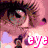 Pixelated anime-style face with glasses and pink text 'eye' over a blurred background.