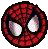 A circular red pixelated icon with two white eye-like shapes and dark outlines, set against a gray background.