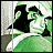 Pixelated anime-style buddy icon featuring a character in motion with green and white color scheme, alongside text elements on black background.