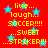 Red background with cyan stars and yellow text reading live... laugh... SOCCER!!!! ...SWEET ...STRIKER!!! in pixelated style.