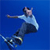 Pixelated static image of a person performing a skateboarding trick against solid blue background with visible dithering and low-resolution rendering artifacts.