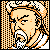 Pixelated 50x50 static buddy icon featuring a stylized character with light skin, orange hair, and black outlines against an orange-and-white checkered background.