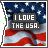 Static pixelated icon featuring a stylized American flag background with bold text overlay reading "I LOVE THE USA."