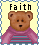 Pixelated bear in pink sweater with blue stripes under 'Faith' text on yellow background with blue border.