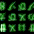 Green pixelated symbols and letters on black background, arranged in a with one gray square at bottom right