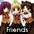 Three anime-style characters in brown outfits with white accents stand together under 'Friends' text, while a separate shows pink and green elements with 'Forever' text