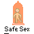 Pixelated figure in orange enclosure with 'Safe Sex' text below, rendered in 8-bit style on gray background.
