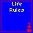 Blue square with red border containing yellow text "Life Rules" and a small red traffic cone icon at bottom-right corner.