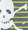 White skull with crossed bones on striped background, animated sequence showing small white shapes appearing and changing below the skull.