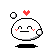 Pixel art contact sheet of 8 animated frames showing a white round character with red blush, heart above head, and black shadow on gray background.
