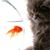 A pixelated goldfish swims leftward beneath a gray pipe against a white background, with a dark brown cat's face partially visible on the right edge.