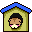 Pixelated character with brown skin and black hair in a yellow house-like frame, blue roof, pink cheeks, white mouth; second view shows speech bubble with 'zzz...' text.
