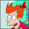 Futurama character Fry with bright orange spiky hair, wide eyes, and open mouth showing teeth, wearing red shirt against light blue and teal background.