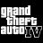 Pixelated white text on black background reads 'grand theft auto iv' with 'iv' stylized as a hand-drawn outline.