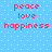 Blue background with yellow polka dots and repeated red text reading peace love happiness in two