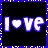 A contact sheet of three animated frames showing the word "I love" with a heart symbol replacing the 'o', each in different color schemes against black backgrounds with pixelated borders.