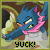 Blue cartoon creature with pink collar and white chest, making gagging motion against brown tunnel background.