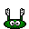 Green pixelated character with white eyes and hands in various poses against gray background.