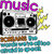 A pixelated music-themed icon featuring a silver boombox with black speakers, purple 'music' text above it, and yellow sound waves on the right side.