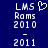 Two side-by-side pixelated text displays on dark blue background with 'LMS' and heart symbol on left, 'Rams 2010 - 2011' text below, right version lacks heart symbol.