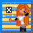 Pixel art character with long orange hair, white shirt, black checkered pants, and black arm sleeves against blue-yellow striped background with stars.