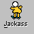 Yellow cartoon figure with white spherical head on teal skateboard performing sequential motion against gray background, text "Jackass" below.