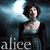 A pixelated image of a woman with short brown hair wearing a black top, standing against a blue-toned background with light effects and the text 'alice' at the bottom.