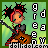 Pixel art buddy icon featuring a cartoon character with red hair and black spikes holding a guitar, surrounded by text elements on a green background.