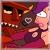 Pixelated cartoon image of two characters: a red robot with sharp teeth and a yellow horn, and a purple-haired woman with a pink mouth, sharing a dark triangular object with heart symbols.