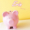 Pink piggy bank on light surface with yellow background, name 'Erin' in pink script above, three small pink hearts below the name.