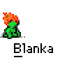 Animated contact sheet of a green cartoon character with orange hair performing various poses and actions against a gray background, labeled "Blanka" under each frame.