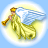 Pixelated angel figure with golden wings, yellow robe, and brown staff against a light blue background.