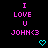 Pixelated text reads 'I LOVE U JOHN<3' in pink on black background with cyan heart below.