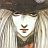 A static pixelated image of a character with long light-colored hair, dark hat, and neutral expression against vertical striped background.