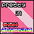 Pixel art buddy icon with pink gradient background and text elements including "PRETTY" at top, a stylized symbol in the middle, and rainbow-colored text at bottom.