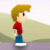 Pixelated character with blonde hair in red shirt and blue pants standing in profile view against light background.