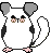 Pixel art character with white body, gray ears, black side patches, pink feet and nose, brown paw pads, long tail; multiple expressions including closed eyes, open mouth, smiling face.