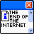 Pixelated graphic shows blue header with red X icon, white section containing 'THE END OF THE INTERNET' text and blue information symbol.
