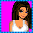 A 3x2 contact sheet of pixel art frames showing a cartoon woman in various poses with text panels below each frame on a bright pink background.